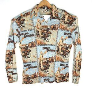 Vtg Manfredo Harley Davidson Dress Shirt Biker Button Up XL Blue Tan 70s 80s